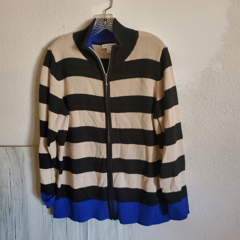 Susan Graver Blue Black Tan Striped Sweater Knit Zip-up Cardigan Women's 1X
